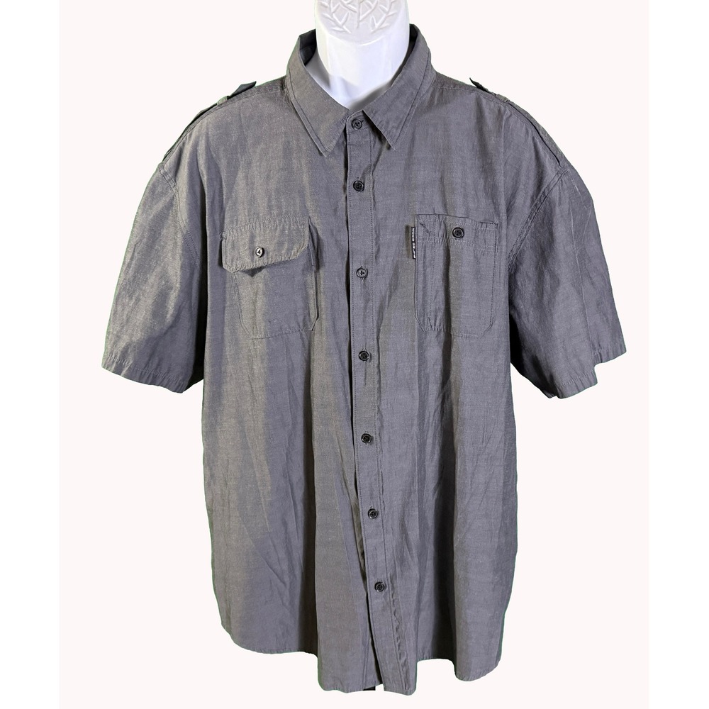 Ecko Unltd Button Down Shirt Mens 2XL Gray Short Sleeve Epaulette Utility Pocket